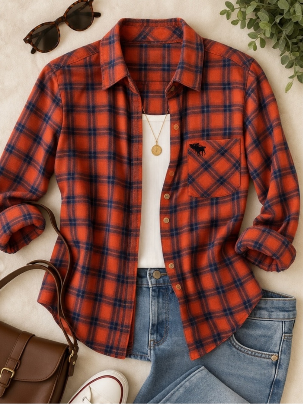 Vintage Abercrombie & Fitch Y2K Orange Plaid Flannel Shirt XS Moose Logo